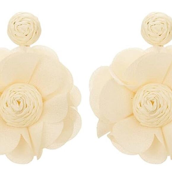 Ivory Flower Raffia Drop Earrings - Picture 1 of 1